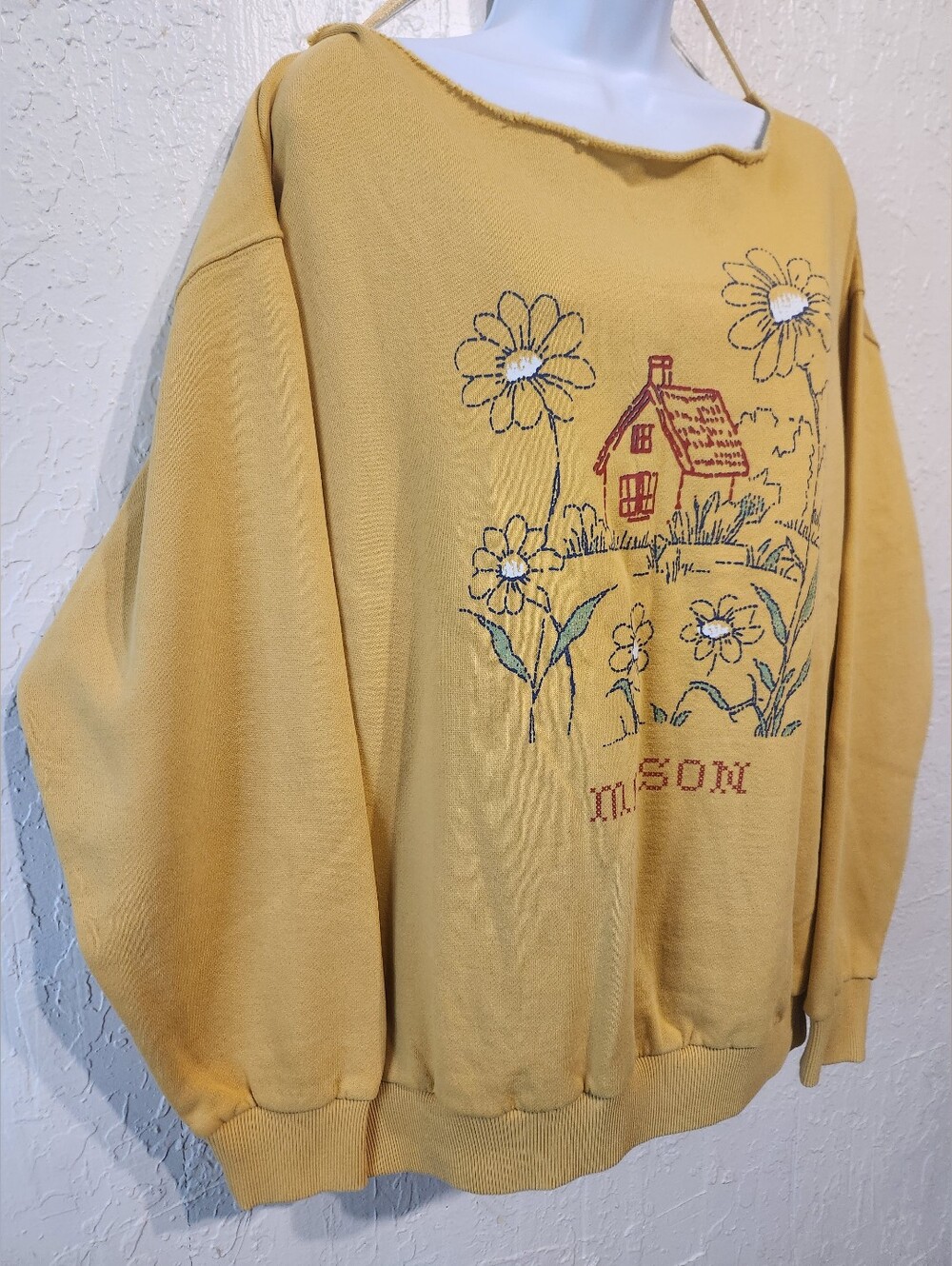 Maison Cross Stitch Graphic Off-The-Shoulder Oversized Pullover NWOT Sz S/M - Picture 6 of 8